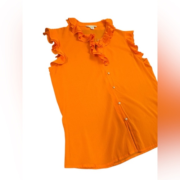 St. John Couture Orange Ruffle Silk Pearl Button-Up Blouse Size 10 - Picture 4 of 10